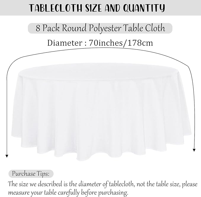 8 Pack Round Tablecloth 70 Inch White Round Table Covers Bulk Washable Polyester Fabric Table Clothes for Wedding Party Reception Banquet Buffet Restaurant (White, 70 Inch)