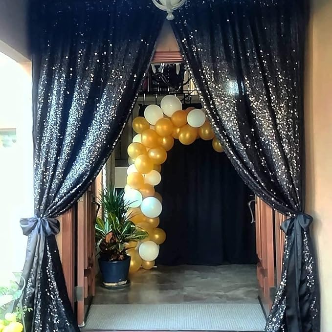 Eternal Beauty Black Sequin Backdrop Curtains, Halloween Shimmer Back Drop 2Panels-2FTx8FT for Christmas, Party, Birthday, Photography, Wedding, Baby Shower Event Decoration