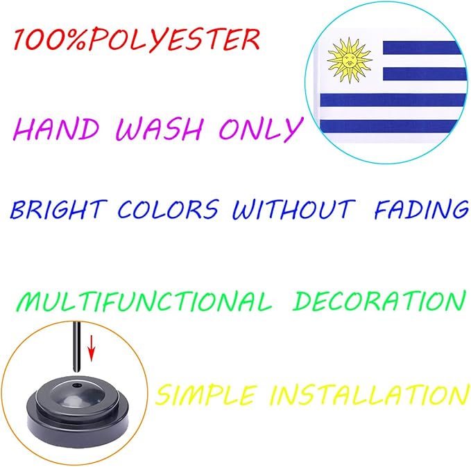WXTWK 2 Pack Uruguay Flag Uruguay Deluxe Desk Flag Set - Mini Small Uruguayan Table Office Flags with Black 12" Solid Pole Stand Base Classroom Meeting Desktop Decorations