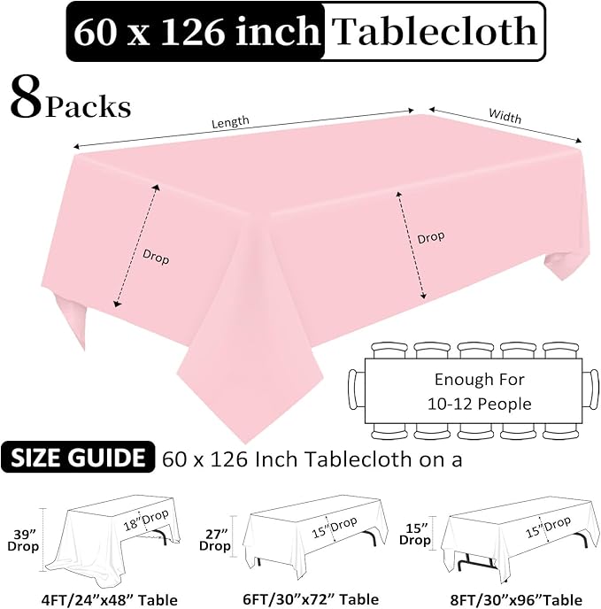 8 Pack Pink Tablecloth 60 x 126 Inch Rectangular Tablecloths for 8 Foot Rectangle Tables, Wrinkle Resistant Pink Table Cloth Washable Polyester Fabric Table Covers for Buffet Wedding Party Banquet