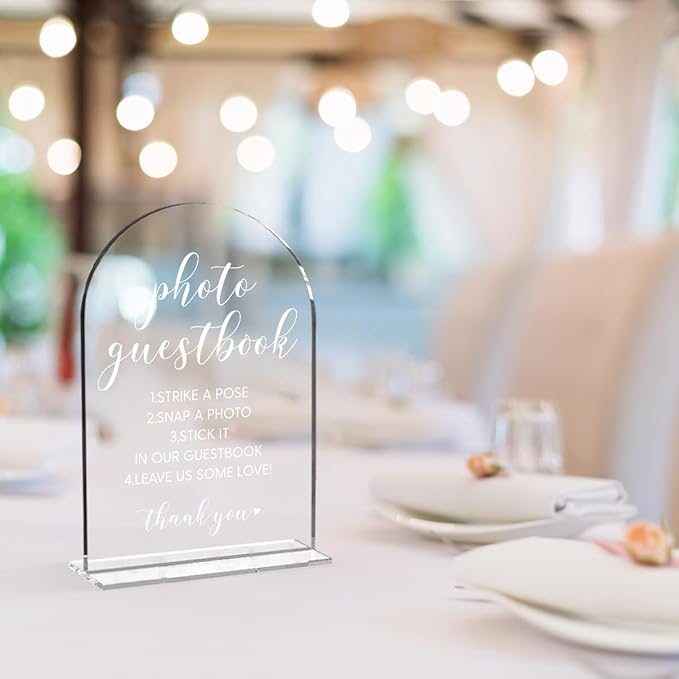 Wedding Sign，Please Sign Our Guestbook Sign，Wedding Sign for Ceremony and Reception, Arch Acrylic Wedding Signs, Wedding Decorative Signage For Table Decor 5 x 7 Inch (White)