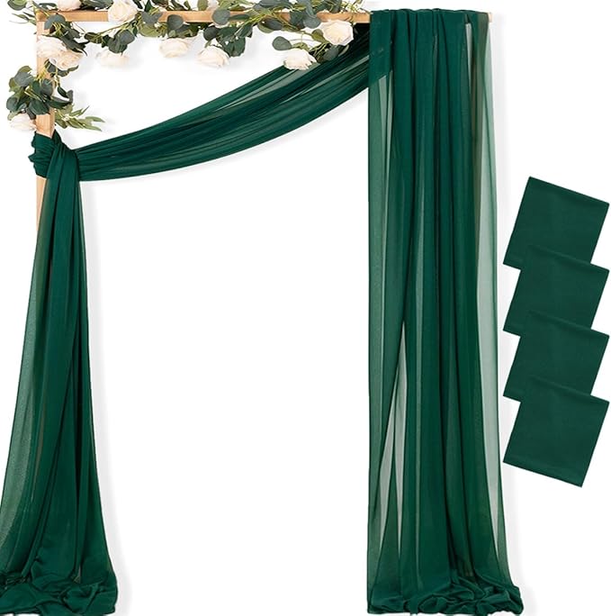 MLMC Emerald Green Wedding Arch Draping Fabric 4 Panels 29" x 20 FT Extra Long Gauze Drapes Sheer Backdrop Curtains 6.6 Yards Outdoor Drapery Panels for Wedding Ceremony Party Ceiling Decoration