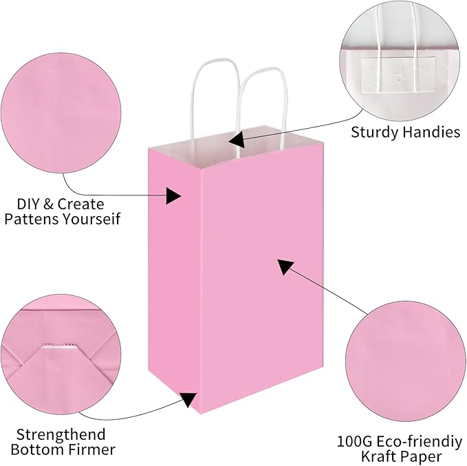 Toovip 50 Pack 5.25x3.25x8.25 Inch Small Light Pink Kraft Paper Bags with Handles Bulk, Gift Wrap Bags for Favors Grocery Retail Party Birthday Shopping Business Goody Craft Merchandise Take Out Sacks