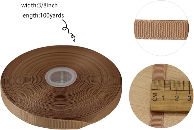 Jesep One Roll 100 Yards 3/8" Soild Grosgrain Ribbon Boutique Gift Wrapping Package Ribbon, DIY Crafts Bow Hair Headband Accessories Assorted Ribbon#835 (3/8" 10mm, Khaki)