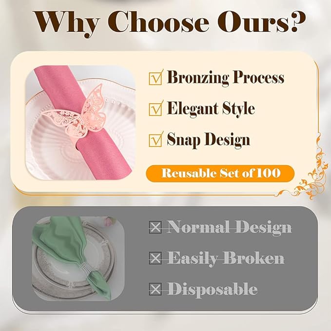 100 Pcs Napkin Rings Laser Cut Butterfly Shape Foil Paper Napkin Holder for Weddings Party Serviette Table Decoration Restaurant (Pink)