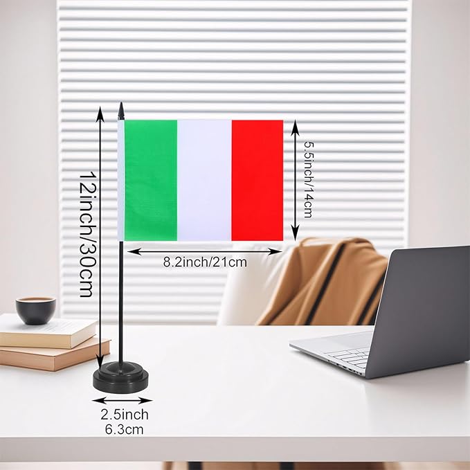 Italy Desk Flag 12" Solid Pole Deluxe Set Italian Flags Banner Mini Small Italy Office Table Flags with Black Stand Base Desktop Decorations(2Pack)
