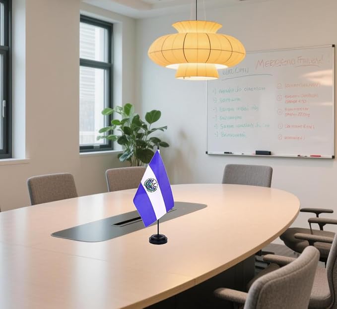 El Salvador Desk Flag 12" Solid Pole Deluxe Set Salvador Flags Banner Mini Small El Salvador Office Table Flags with Black Stand Base Desktop Decorations(2Pack)