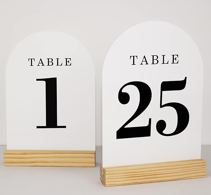 Wedding Table Numbers 1-25, Acrylic Arch Signs with Natural Wood Stands Holders, Rustic Table Decor for Reception & Parties (White Black)