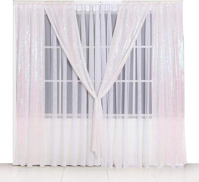 SquarePie Sequin Backdrop 2FTx8FT Iridescent 2pcs Curtain Background for Wedding Party Christmas Decoration