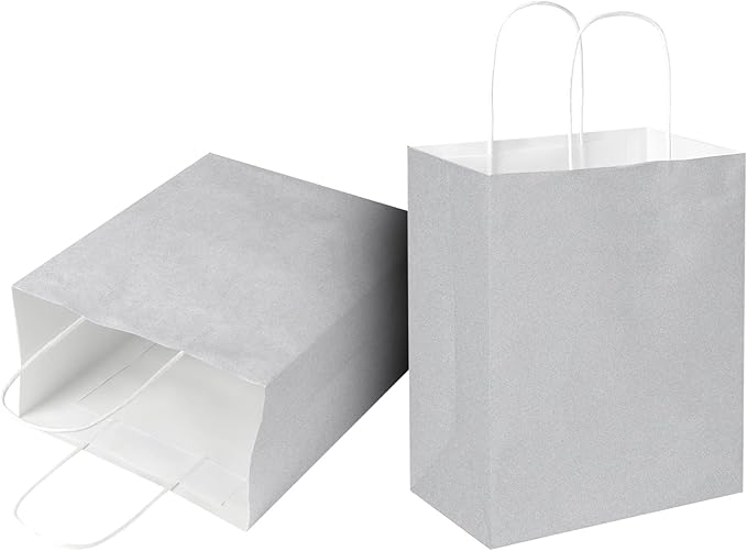 Oikss 50 Pack 8x4.75x10 Inch Medium Gray Kraft Paper Bags with Handles Bulk for Birthday Wedding Party Favors Grocery Retail Shopping Business Goody Craft Gift Bags Sacks, (Silver Grey 50pcs Count)
