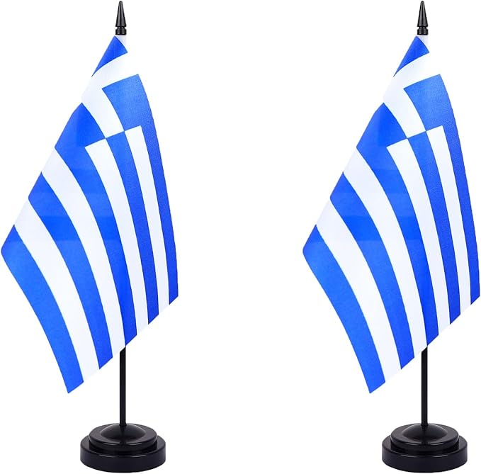 Greece Desk Flag 12" Solid Pole Deluxe Set Greek Flags Banner Mini Small Greece Office Table Flags with Black Stand Base Desktop Decorations(2Pack)