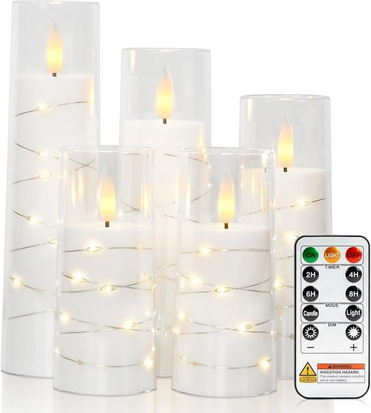 Raycare Flameless Candle with Remote Timer – 5 Flickering Acrylic Battery Operated LED Pillar Candles with Embedded Star String for Halloween, Home Decor, and as a Gift(White)
