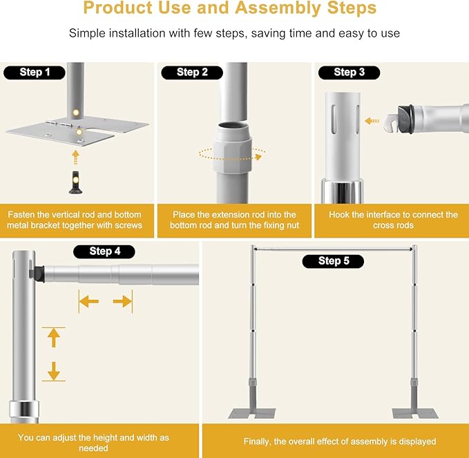 Jiang&Rong 10ft x 10ft Adjustable Backdrop Stand Kit - Heavy Duty Pipe and Drape Stand for Wedding, Birthday Party, Banquet Decorations (Silver)