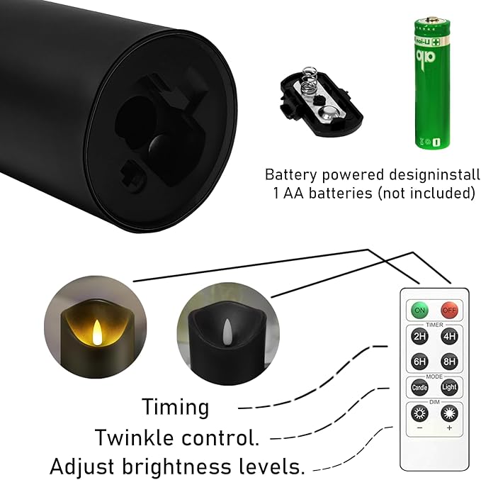 Flickering Flameless Candles, Battery Operated Acrylic LED Pillar Candles with Remote Control and Timer, Set of 9 (Black)