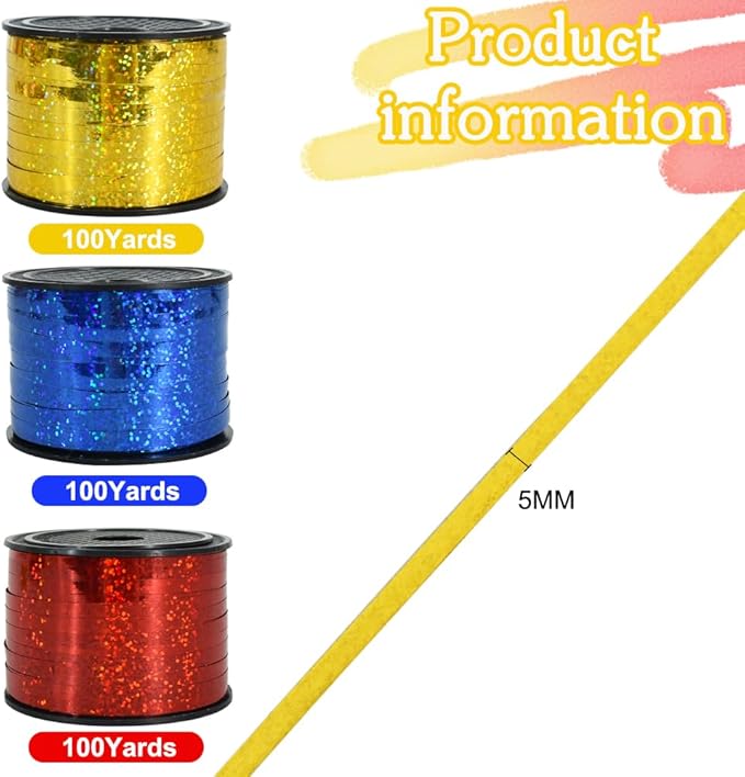 BEISHIDA 3 Pack 100 Yards Red Blue Gold Curling Crimped Glitter Ribbon Balloon String Shiny Metallic Gift Wrapping Ribbon Birthday Party Christmas Festival Art Craft Decoration