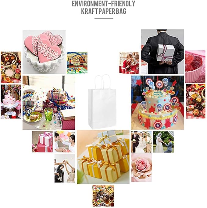 25 PCS Small Gift Bags White Kraft Paper Bag with Handles for Wedding Baby Shower Kid's Birthday Party Favors(8.2 x 6 x 3.1 In)