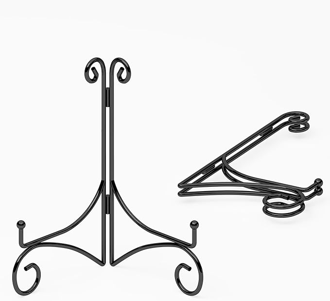 Plate Display Stands with Hinged Folding Design, 8 Inch Picture Frame Stand for Tables, Decorative Easels for Plates, Photos, Cards and Books, 8’’ Black
