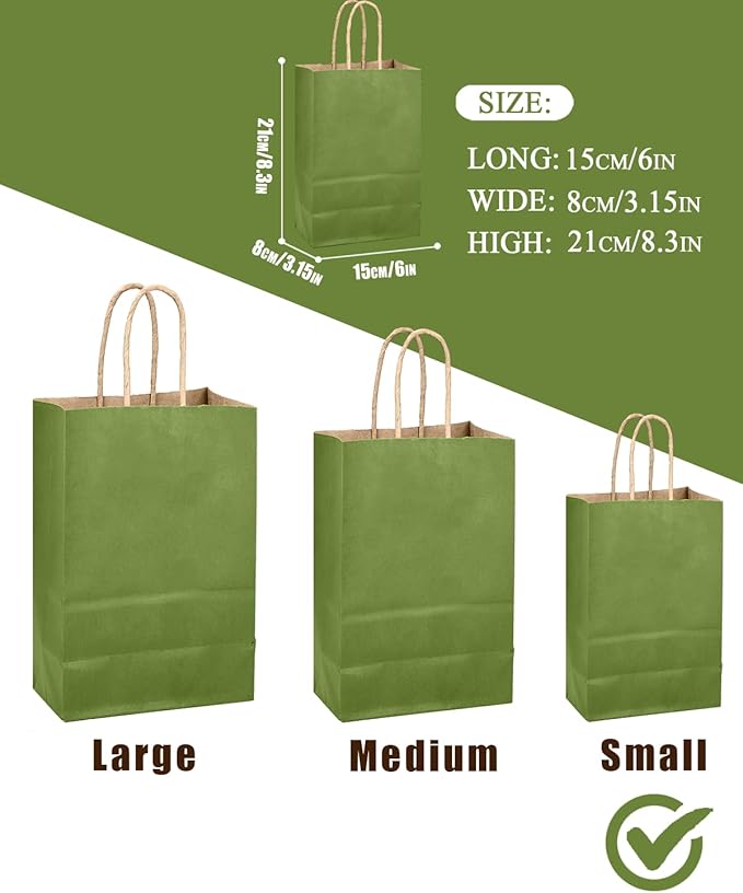 qiqee Light Olive Green Gift Bag with Handles Bulk 24Pcs Paper Bags -8.3"x6"x3. 15" Party Favor Bags - Solid Color