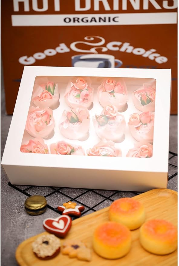 12 Cupcake Containers 12-Packs White Cupcake Box Cupcakes Carrier, 12 Cupcake Boxes with Window 13"x10"x3.5"（Auto-pop up）