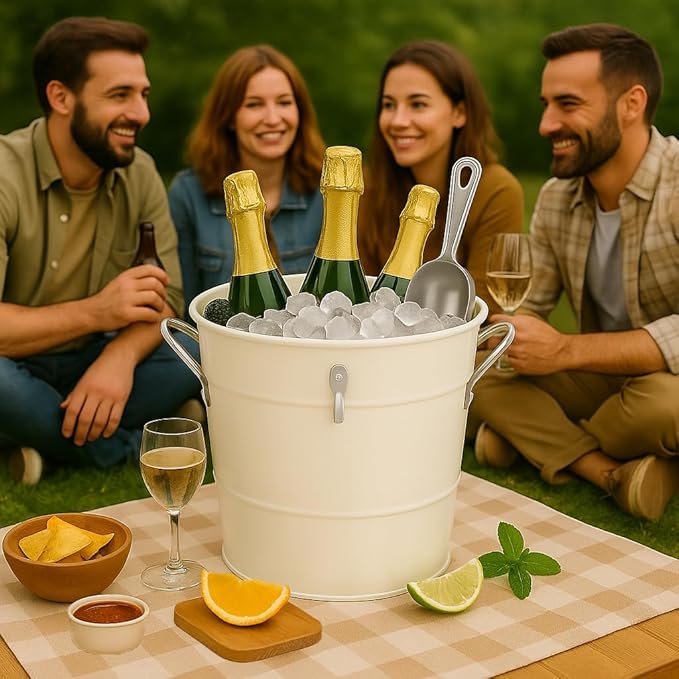 Insulated Ice Bucket with Lid Scoop Handle for Parties Cocktail Bar, 4L Round Mental Champagne Drink Wine Bucket for Drinks White
