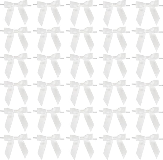 AIMUDI White Bows Bulk 2.5" Christmas Bows Premade Small Bows Pre Tied Mini White Stick On Bows for Wedding Favor Twist Tie Bows for Baby Shower Decorations Bows for Gift Wrapping - 50 Counts