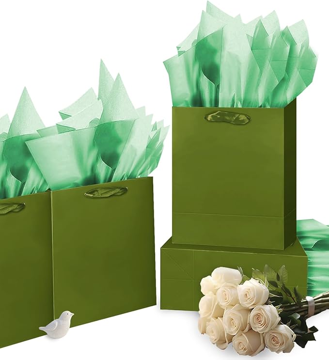 Gcardist Olive Green Gift Bags with Tissue Paper for Wedding, Birthday, Party Supplies-7.9"x4.3"x9.6" Medium Size Cardboard Gift Bags（5pcs Bags +10pcs Tissue Paper ）
