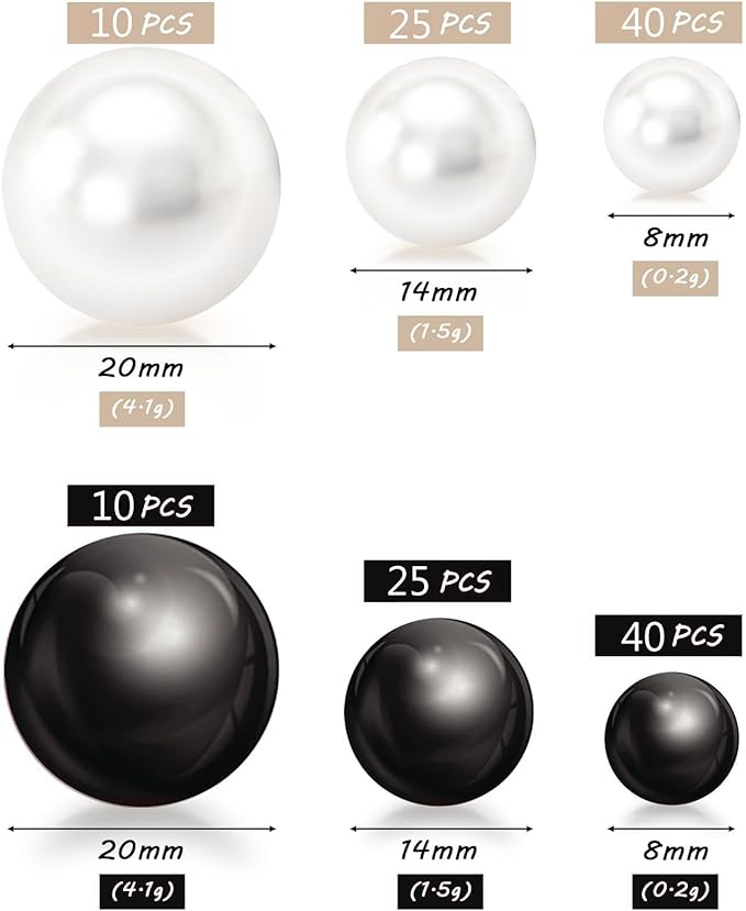 150Pcs Black&White Polished No Hole Faux Pearl Beads for Vase Filling Decorations, Plastic Pearls Vase Fillers, Table Scatters, Wedding Centerpiece, Home Decor, 8/14/20 mm