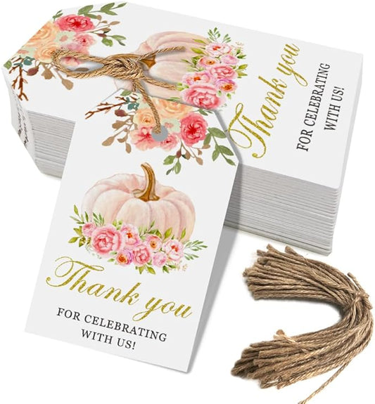 50 Pink Pumpkin Gift Tags - Fall Theme with String, Thank You Tags for Wedding, Birthday, Baby Shower & Party Favors (Two Colors)