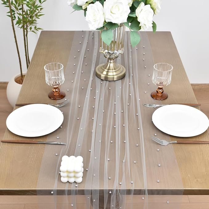 Joanlody Fall Pearl Table Runner 10ft Rustic Boho Tulle Table Runner with Pearls for Baby Shower Wedding Party Veil Dessert Thanksgiving Table Decor Gray 4pcs
