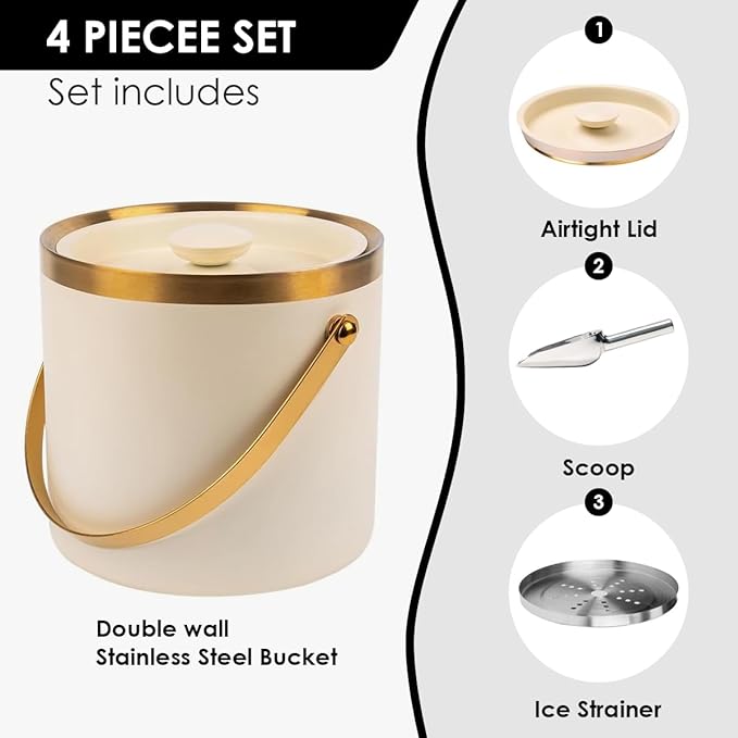 3L beige white Double Wall Insulated Stainless Steel Ice Bucket with scoop for Cocktail Bar,Metal Ice Bucket for freezer with Lid for parties.ice Container to Keep Ice Colder,bar cart accessories