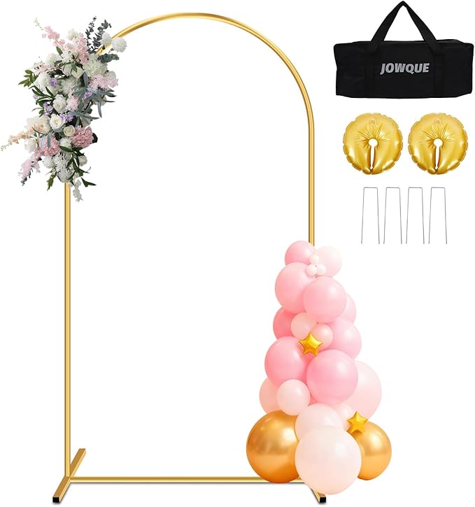 Heavy Duty Metal Arch Backdrop Stand, 7.2FT Stable Gold Arch Stand with Ground Stakes and Water Bags, Balloon Arch Stand for Wedding Party Baby Shower Photo Flower Arch Decration (7.2FT)