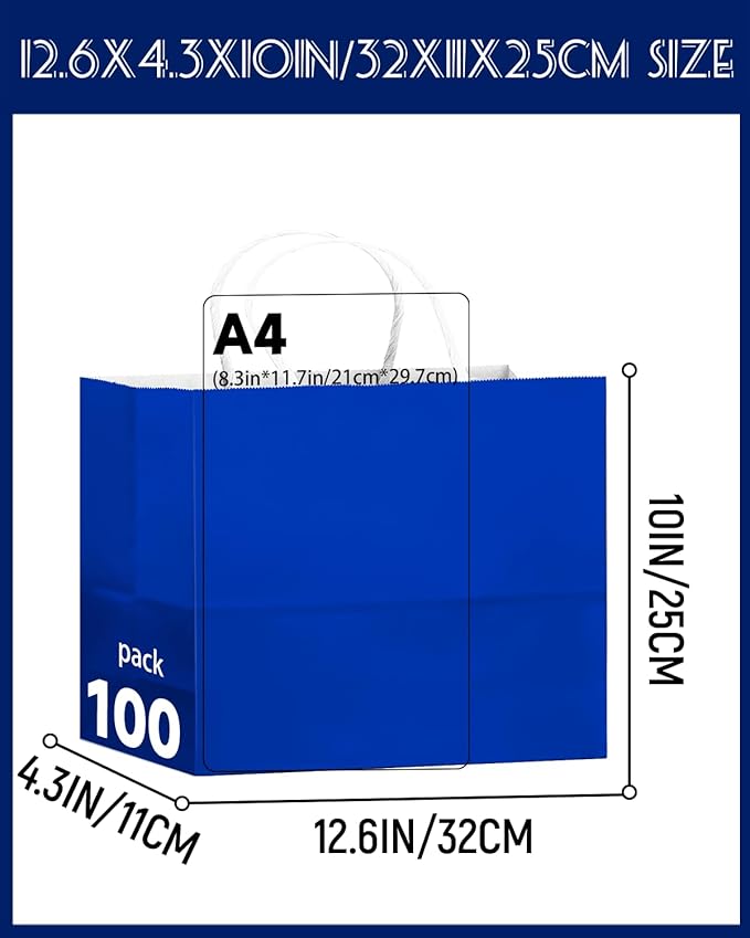 qiqee 100PCS Large Gift Bag with Handles Bulk 13"x4.5"x10" Gift Bags Diamond Blue Multiple Uses (32x11x25cm,Wide Large)