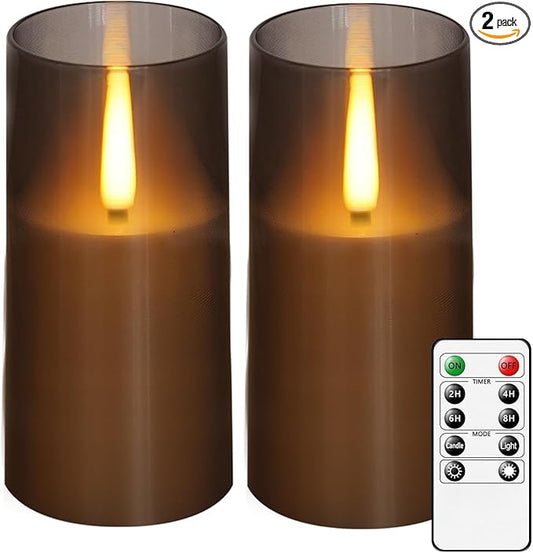 Flameless LED Candles, Upgraded Realistic Flickering Pillar Battery Operated Candles with Remote Timer, Acrylic Electric Set of 2 for Romantic Ambiance and Home Decoration(Grey)