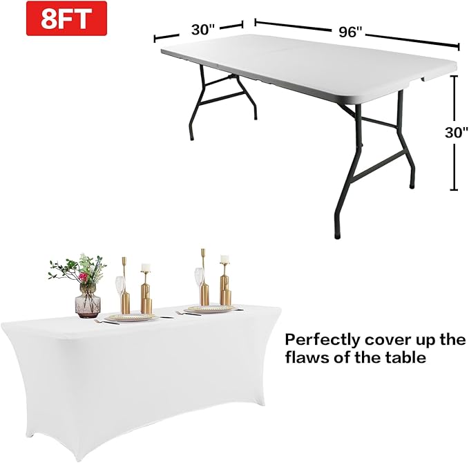 IVAPUPU 2 Pack 8FT Spring Table Cloth for Rectangular Fitted Events Stretch White Table Covers Washable Spandex Tablecloth Protector for Party, Wedding, Cocktail, Banquet, Festival