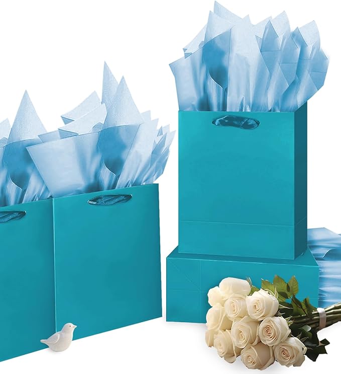 Gcardist Denim Blue Gift Bags with Tissue Paper for Wedding, Birthday, Party Supplies-7.9"x4.3"x9.6" Medium Size Cardboard Gift Bags（16pcs Bags +32pcs Tissue Paper ）