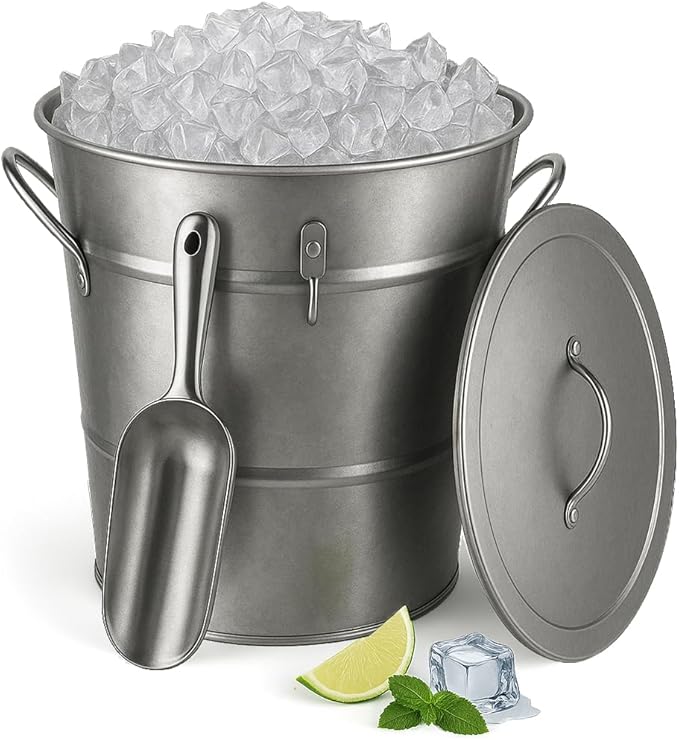 Insulated Ice Bucket with Lid Scoop Handle for Parties Cocktail Bar, 4L Round Mental Champagne Drink Wine Bucket for Drinks Metallic