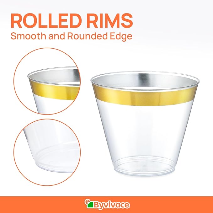 50counts 9 OZ. Disposable Cups Old fashioned Party Tumblers, 9 Ounce Squat Cups Gold Wine Glasses Hard Plastic Cups with Gold Rim