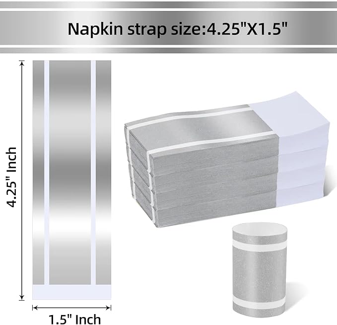 Germiwipe Standard Paper Napkin Band, 200PCS Matte Silver Napkin Ring Self-Adhesive, Silverware Wraps Bands,Table Setup Wedding Event Party Supply (Matte Silver /200pcs)