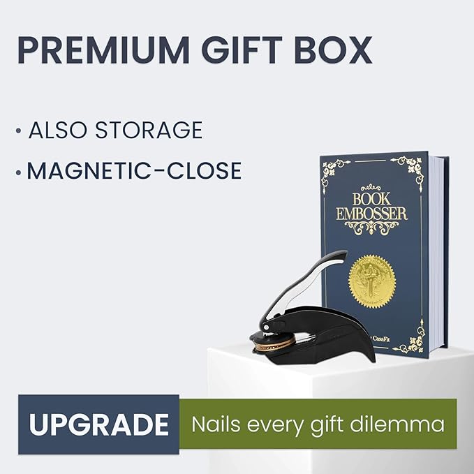 Upgraded Book Embosser Personalized | Custom Book Stamp | Storage Gift Box Set - Include Magnetic Bookmark and Eternal Pencil & 20 pcs Foil Sticker for Hardcover Books, Envelopes, Leather