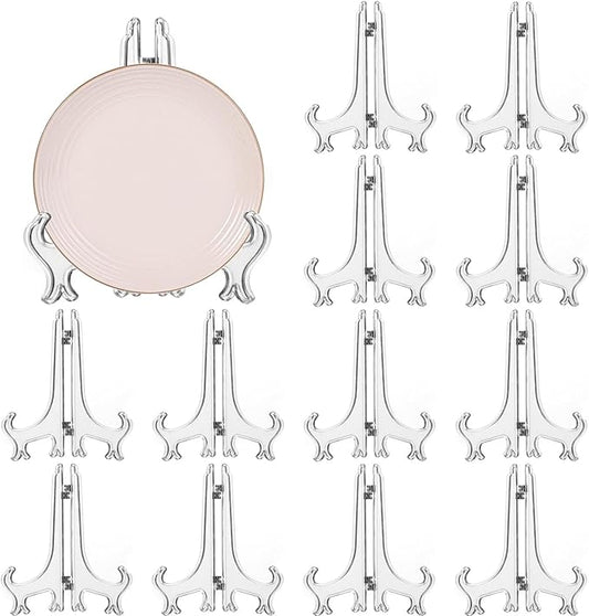 12 Pack 7 Inch Clear Plastic Easels or Stand/Plate Holders to Display Pictures or Other Items at Weddings, Plate Stands for Home Decoration, Birthdays, Tables