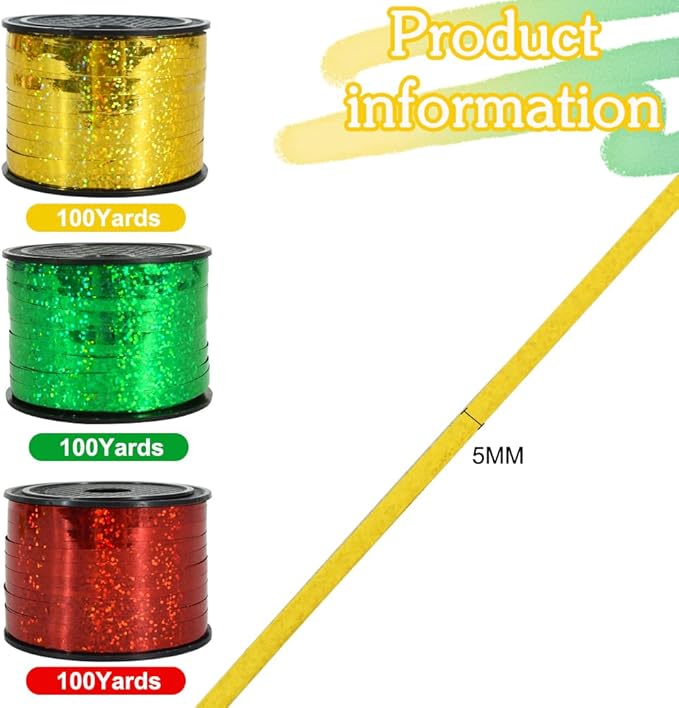 BEISHIDA 3 Pack 100 Yards Gold Red Green Ribbon Curling Crimped Glitter Ribbon Balloon String Shiny Metallic Gift Wrapping Ribbon Birthday Party Christmas Art Craft Decoration