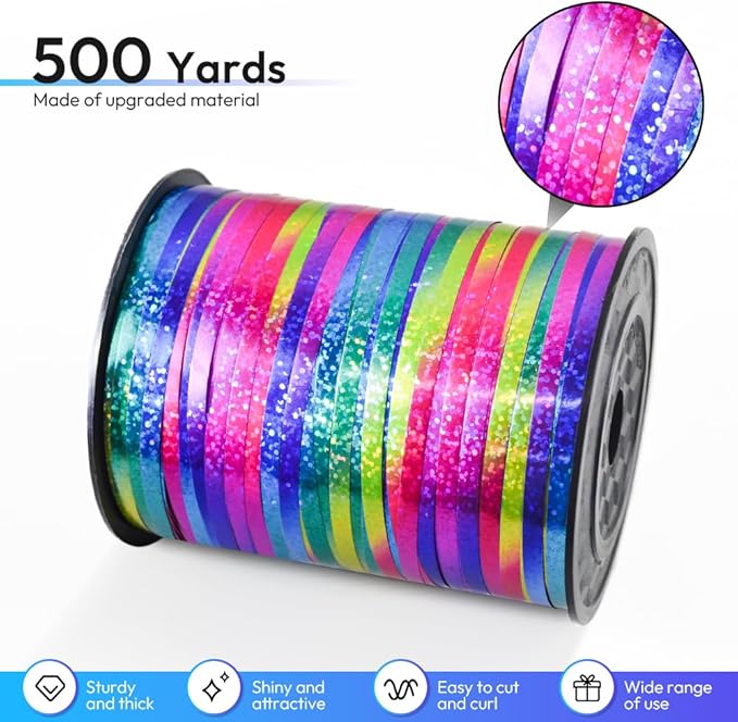 KMER LIFE Premium Rainbow Shiny Curling Shiny Ribbon, 1/5" Wide x 500 Yards Christmas Curling Ribbons for Gift Wrapping, Party Decoration, Balloon String, Ribbons for Florist Flower (1 Roll)