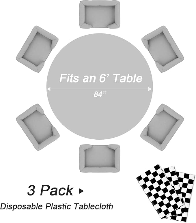 QIKSION Black and White Gingham Round Tablecloth 3 Pack, 84 Inch Plastic Checkered Table Cover Disposable for Parties