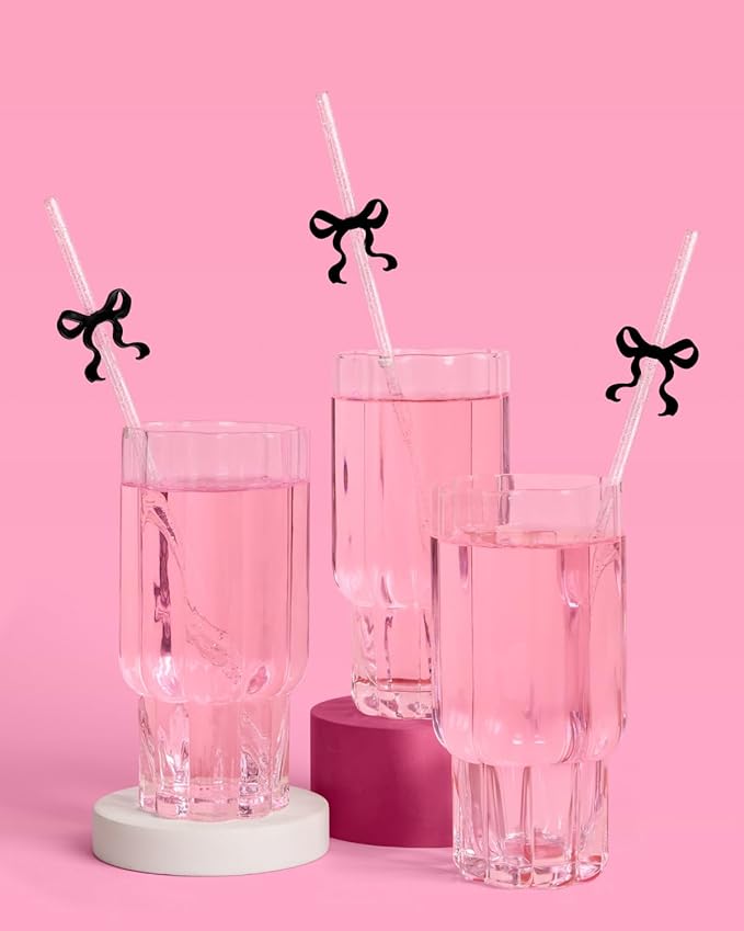 xo, Fetti Black Bow Reusable Straws, 12pcs - Clear Glitter Plastic | Birthday Drink Decorations, Coquette Drinkware, Tying the Knot Party Favor, Bachelorette Decor
