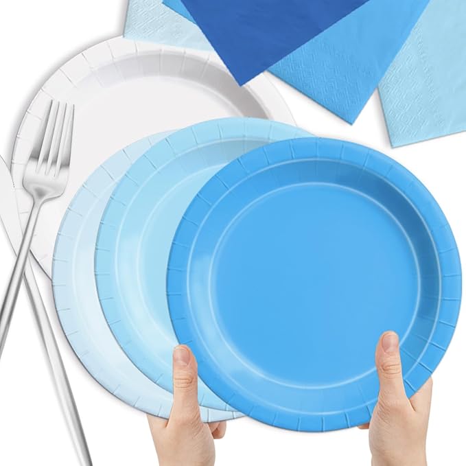 CMUSKO 60Pcs Blue Plates and Napkins-Light Blue Party Supplies Gradient Blue Disposable Tableware for Birthday,Baby Shower,Wedding
