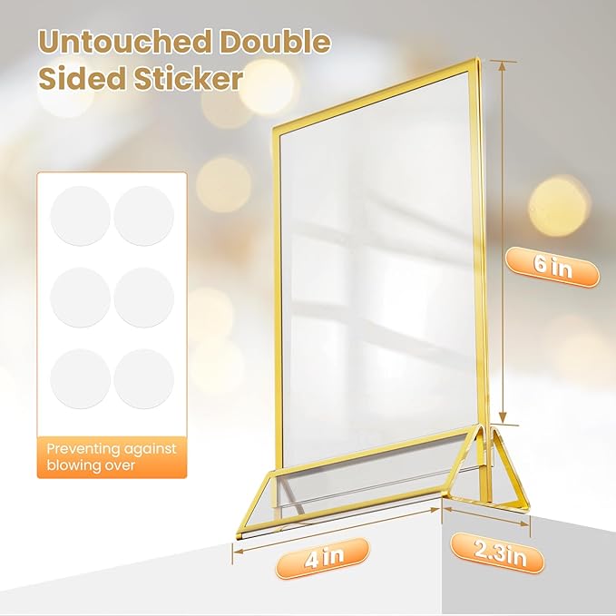 Acrylic Sign Holder 4X6 Gold Picture Frame Double-Sided Acrylic Frames for Wedding Table Numbers Photo Frames Flyers Menu with Removable Sticky Dots-6 Pack