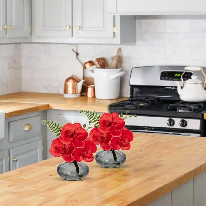 Red Orchids Artificial Flowers Faux Orchids Arrangement in Black Glass Vases Set of 3 Real Touch Phalaenopsis Orchid Flowers Small Fake Orchid Centerpiece for Dining Room Table