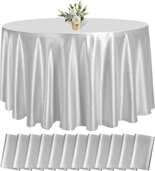 12 Pack 120 Inch Silver Satin Tablecloth - Premium Bright Silky Round Tablecloth Overlay Smooth Fabric Table Cover, Table Decoration for Wedding Party Banquet Events Restaurant Kitchen Dining