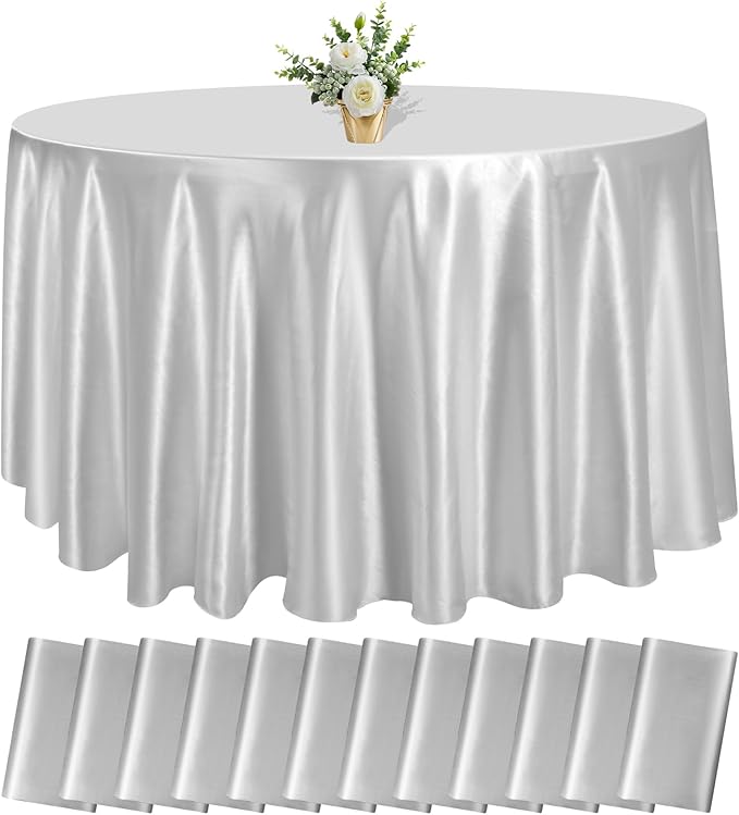 12 Pack 108 Inch Silver Satin Tablecloth - Premium Bright Silky Round Tablecloth Overlay Smooth Fabric Table Cover, Table Decoration for Wedding Party Banquet Events Restaurant Kitchen Dining