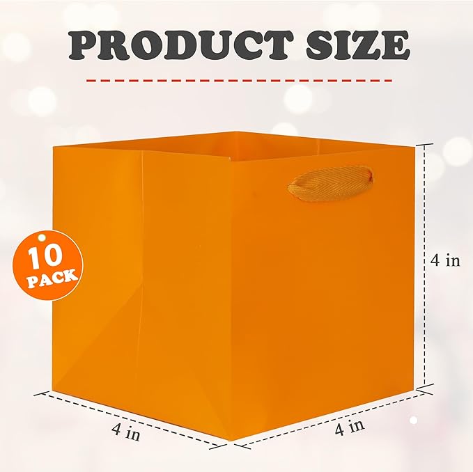 ADIDO EVA Orange Square Gift Bags Mini Size Square Bottom Paper Bags with Handles for Party Favor, Shopping Bag (4x4x4 In, 10 CT)